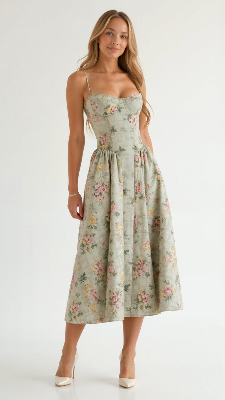 Damen Midikleid Korsett Stil Mit Vintage-Blumendruck – Festliches Kleid Für Hochzeitsgast 0