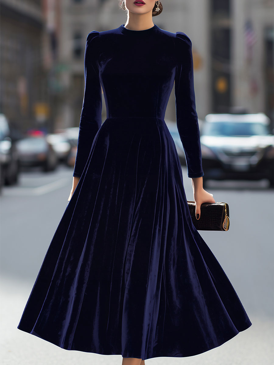 Damen Midikleid Samt Elegante Silhouette Mit Langen Ärmeln 0