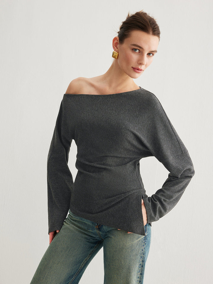 Women's top asymmetrical with slit and ruching