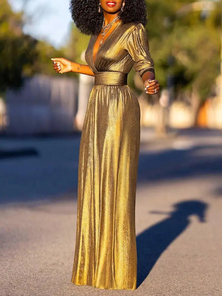 Women's Jumpsuit Shiny V-Neck Wide Legs