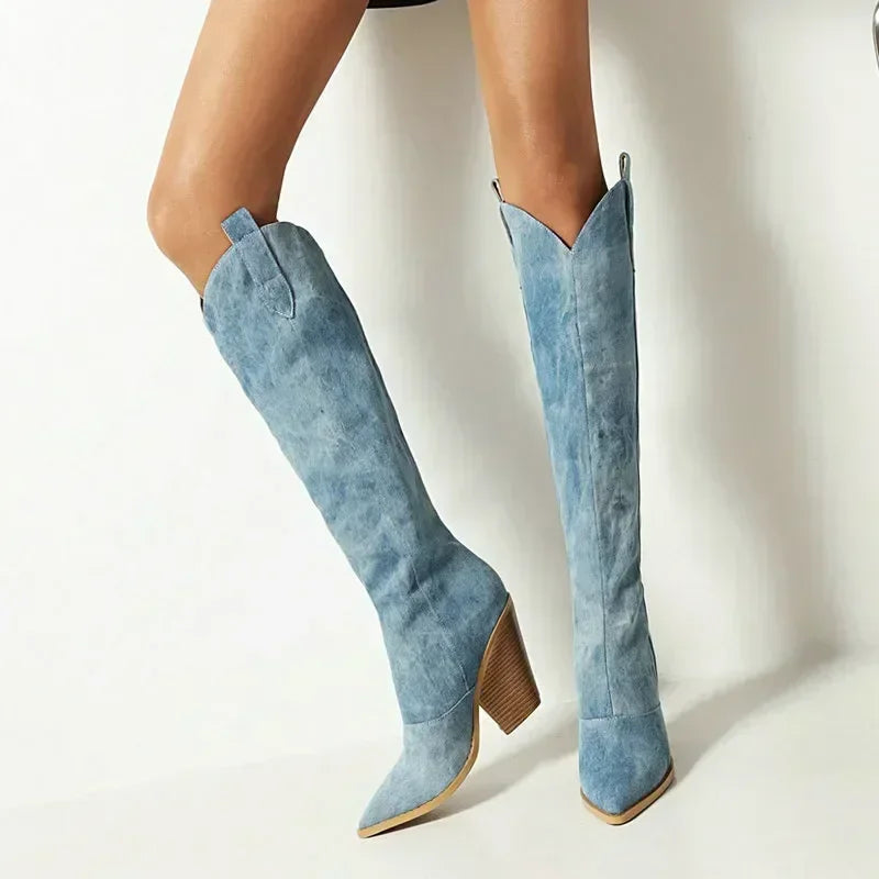 Women's Overknee Boots Leather Cowboy Style with Stiletto Heel