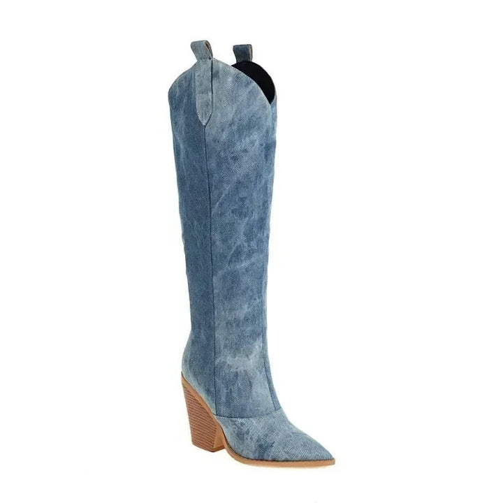 Women's Overknee Boots Leather Cowboy Style with Stiletto Heel