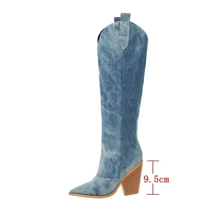 Women's Overknee Boots Leather Cowboy Style with Stiletto Heel