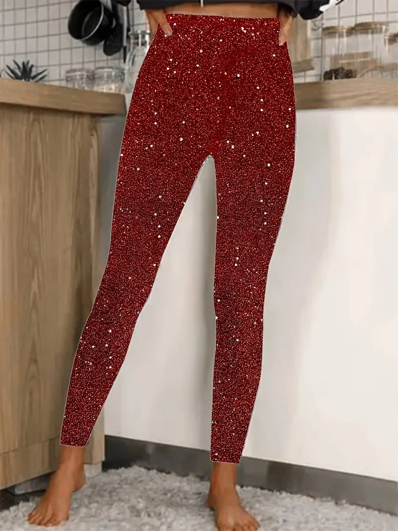 Damen Paillettenhose Lang Schmal Geschnitten 0
