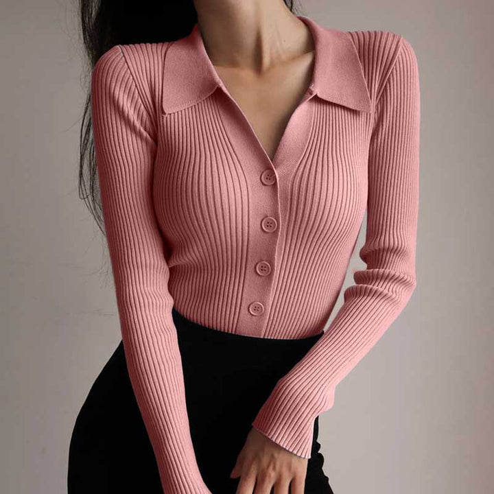 Women's polo shirt with long sleeves and buttons, elegant design