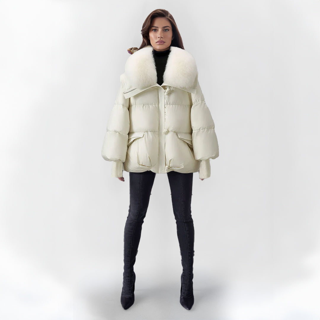 Women's puffer jacket with vegan fur collar