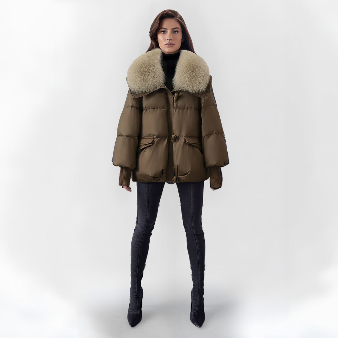 Women's puffer jacket with vegan fur collar
