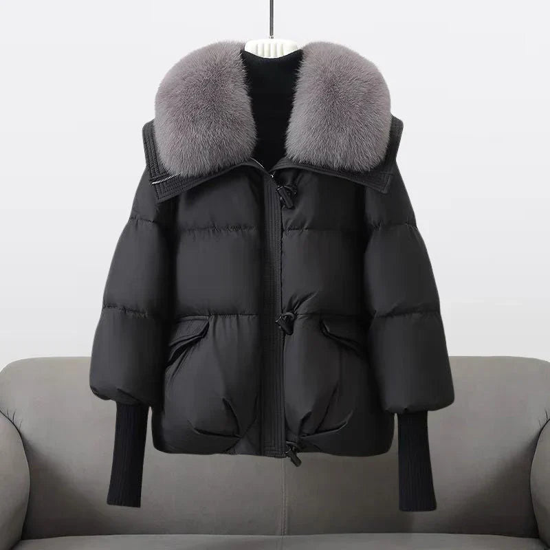Women's puffer jacket with vegan fur collar