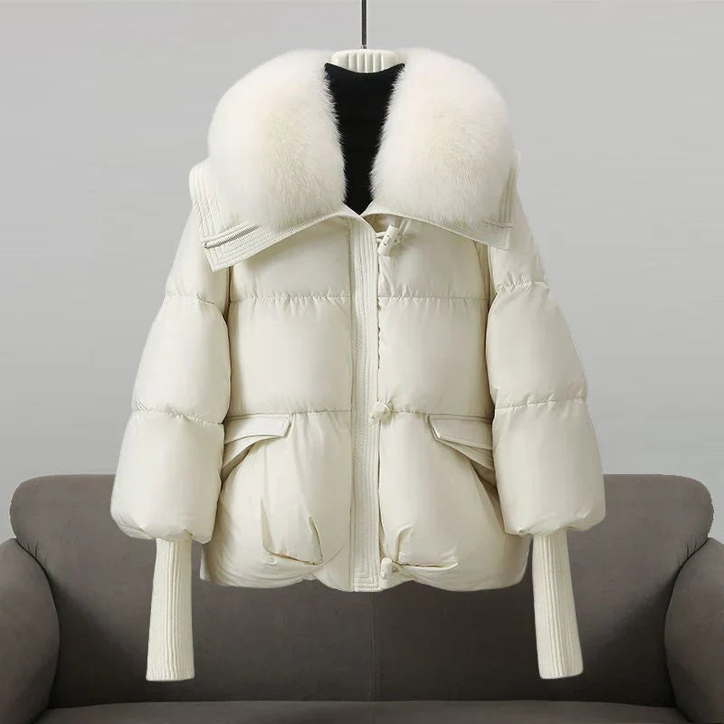 Women's puffer jacket with vegan fur collar