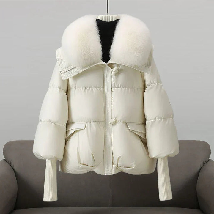 Women's puffer jacket with vegan fur collar