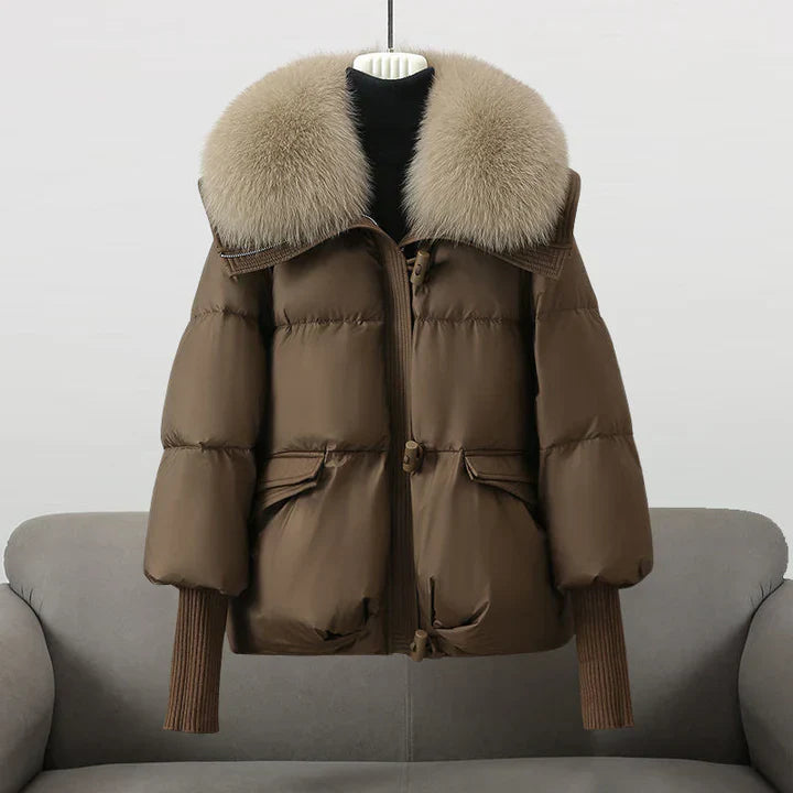 Women's puffer jacket with vegan fur collar