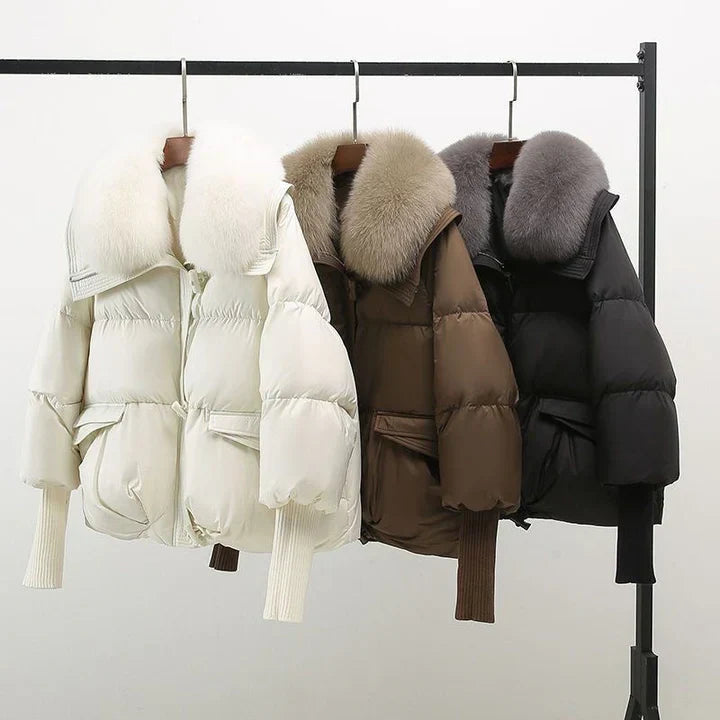 Women's puffer jacket with vegan fur collar