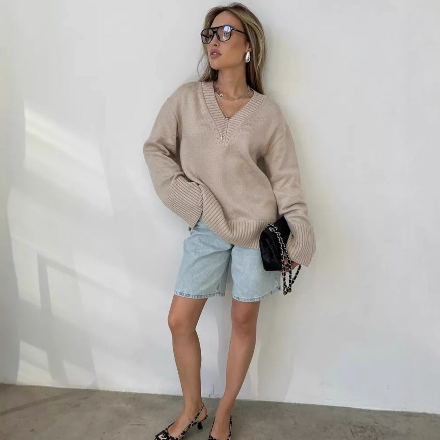Women's Sweater V-Neck Cotton Casual