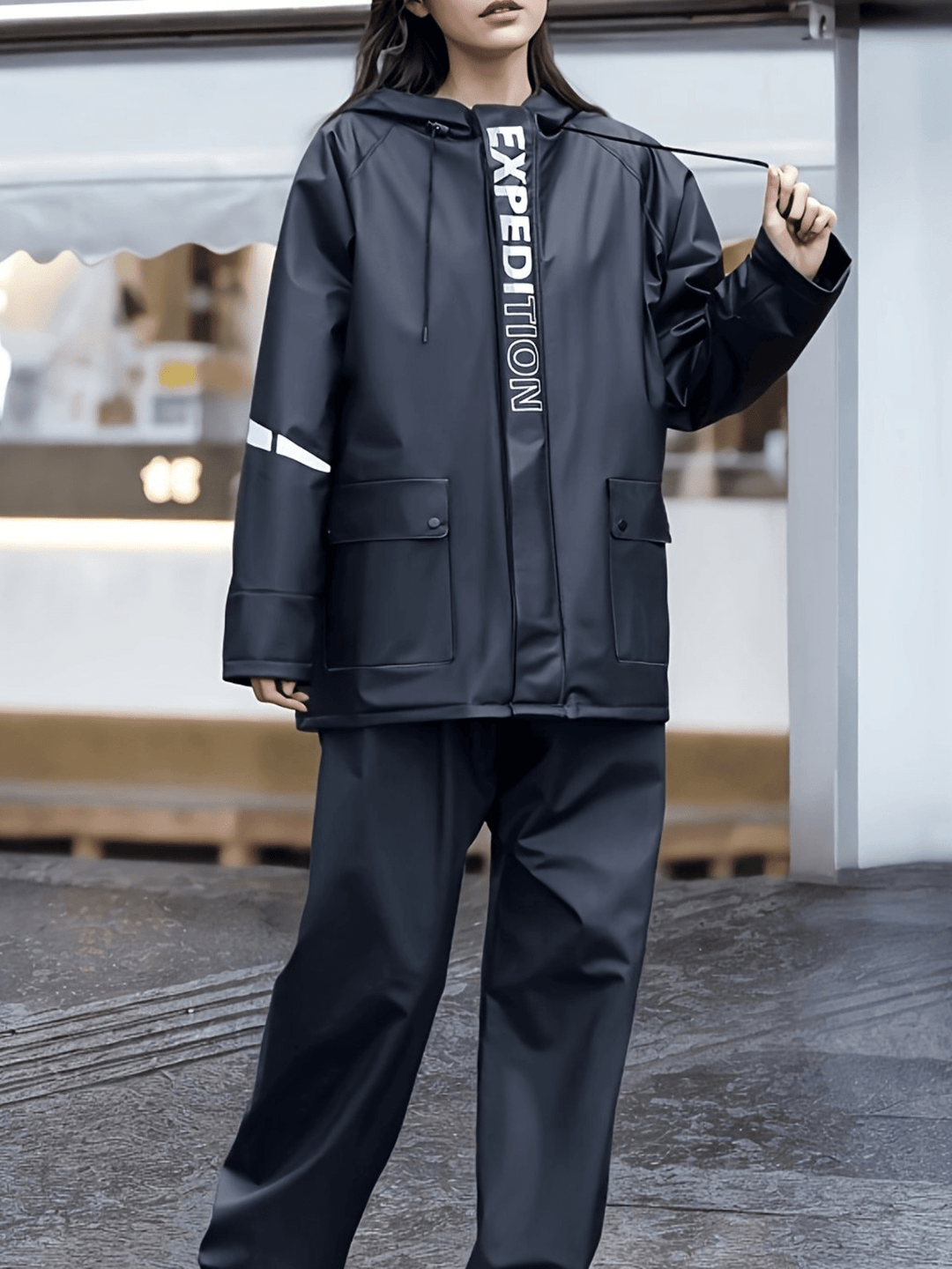 Traje de lluvia impermeable para mujer con capucha, elegante