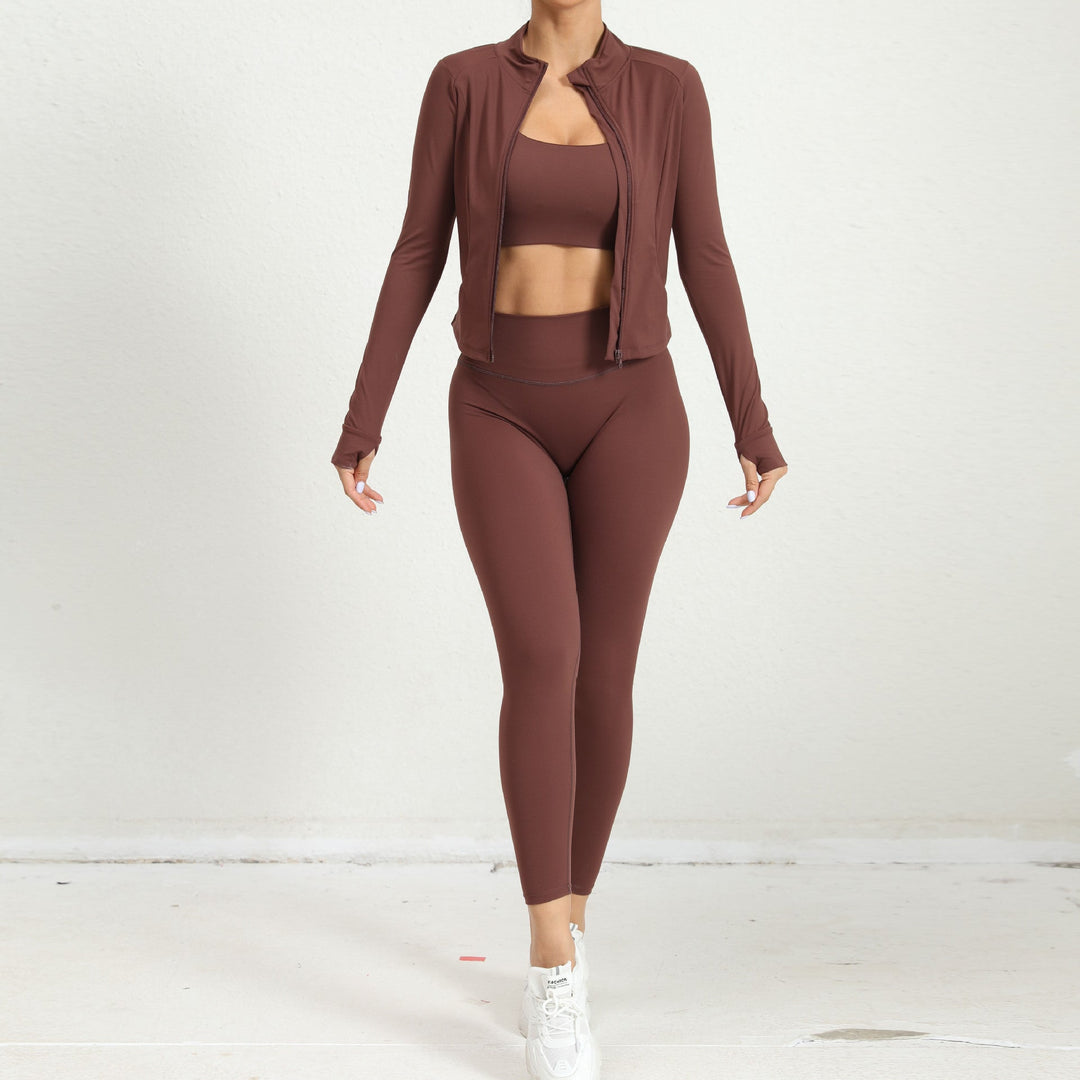 Damen Schwarzes Hochtailliertes Sportset aus Dehnbarem Material mit Sport-BH und Strickjacke 5