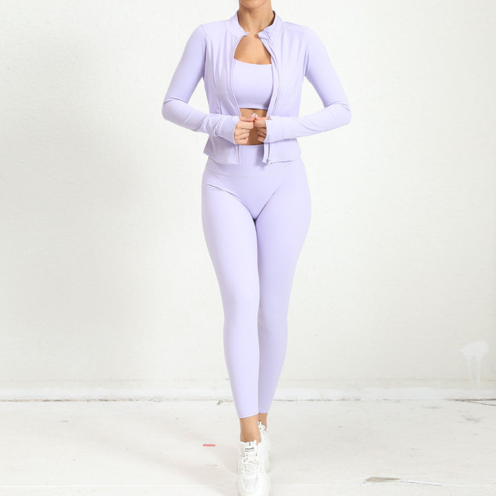Damen Schwarzes Hochtailliertes Sportset aus Dehnbarem Material mit Sport-BH und Strickjacke 7