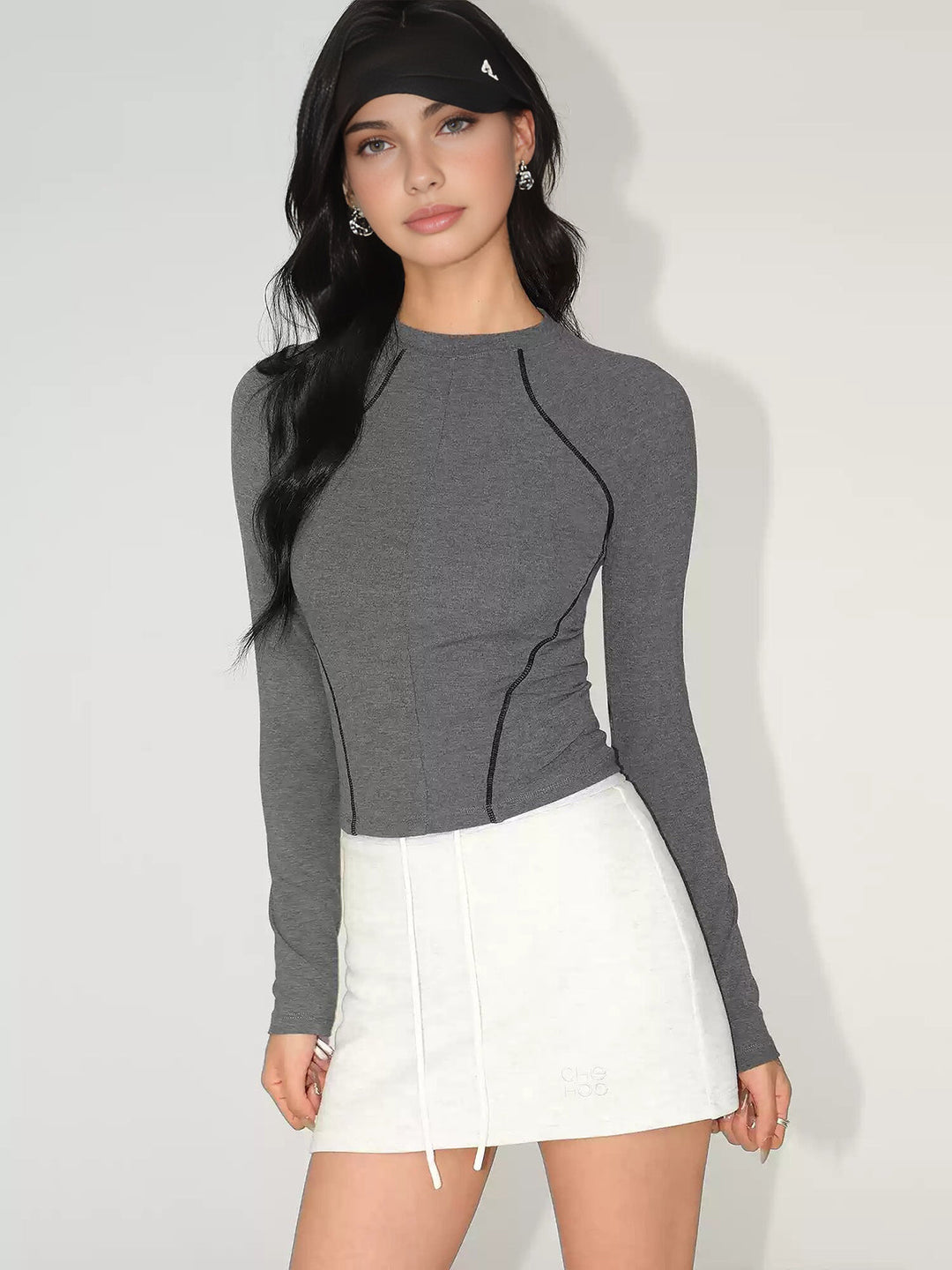 Haut Slim en Jersey pour Femmes en Coton avec Piping Contrasté à Manches Longues
