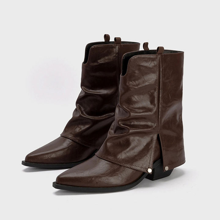 Women's Leather Western Short Boots Low Heel