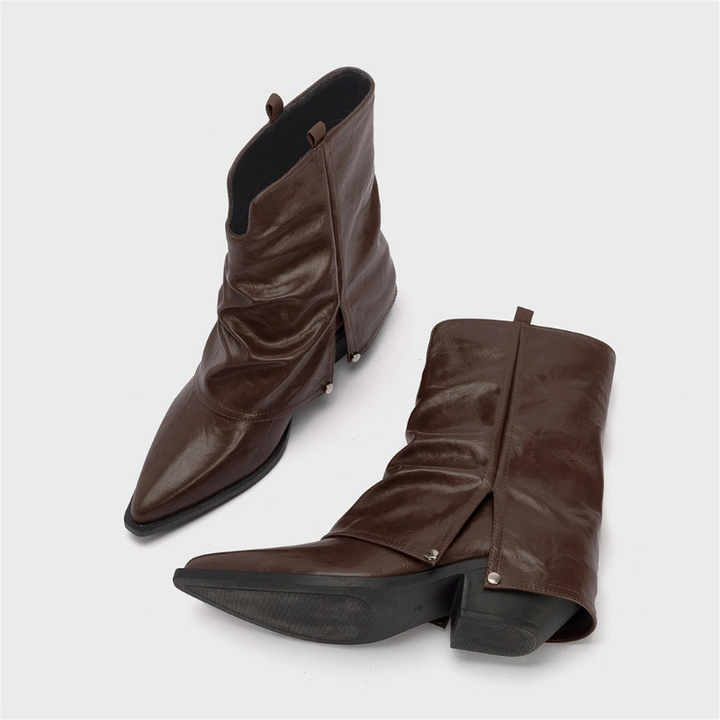 Women's Leather Western Short Boots Low Heel