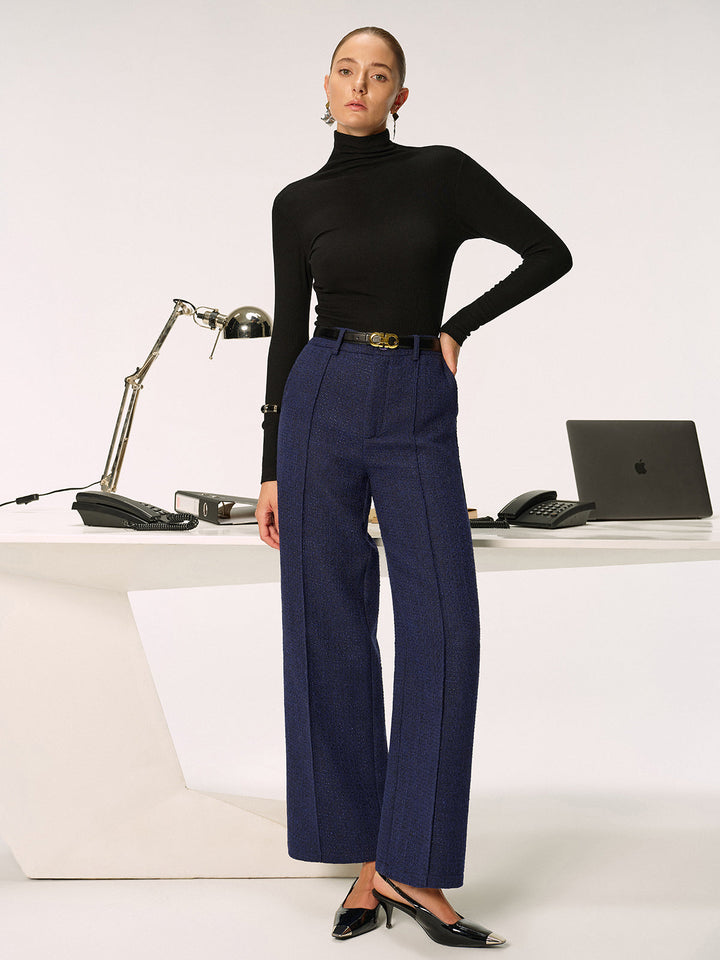 Pantalon en tweed pour femmes – Pantalon en tissu élégant, jambes droites, taille moyenne