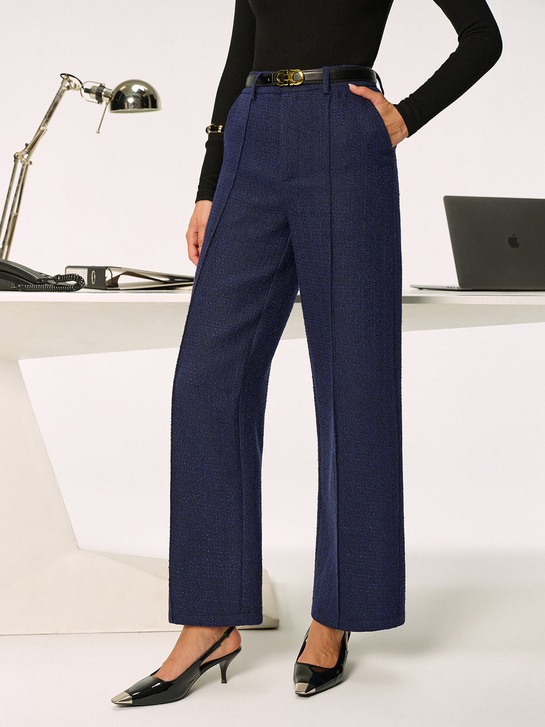 Pantalon en tweed pour femmes – Pantalon en tissu élégant, jambes droites, taille moyenne