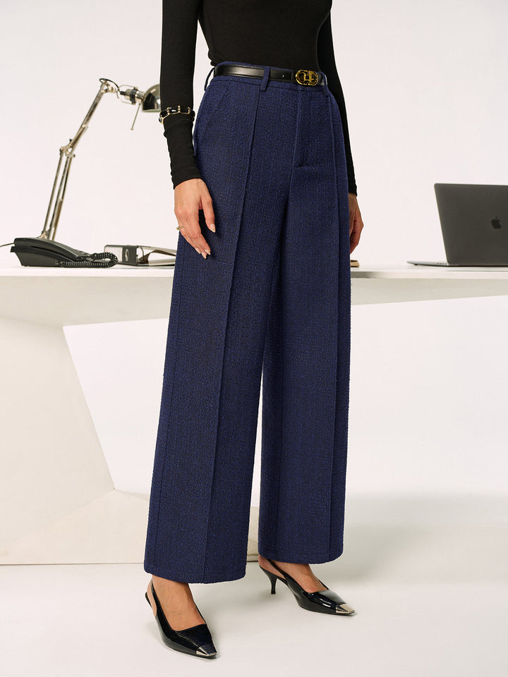 Pantalon en tweed pour femmes – Pantalon en tissu élégant, jambes droites, taille moyenne