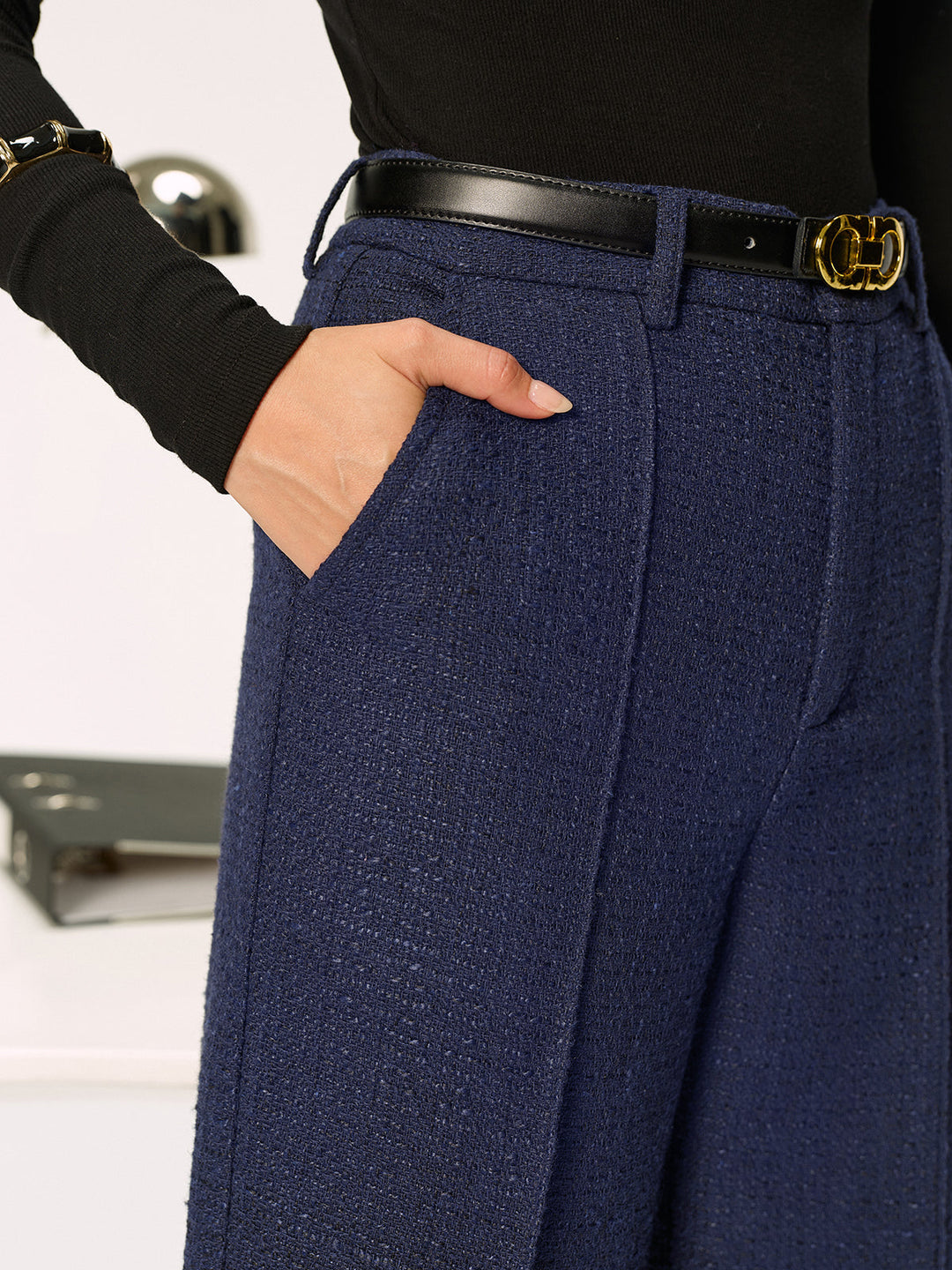 Pantalon en tweed pour femmes – Pantalon en tissu élégant, jambes droites, taille moyenne