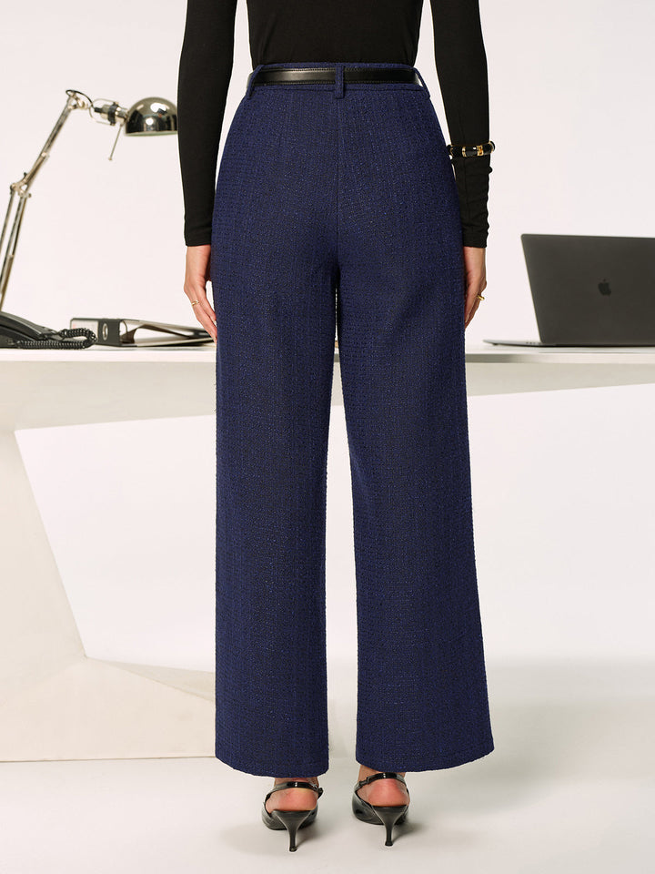 Pantalon en tweed pour femmes – Pantalon en tissu élégant, jambes droites, taille moyenne