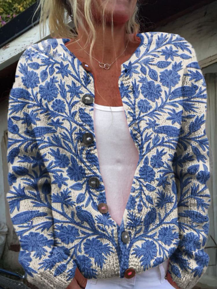 Women's knitted cardigan cotton floral pattern long sleeve elegant