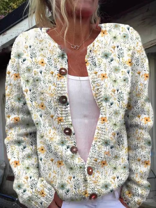 Women's knitted cardigan cotton floral pattern long sleeve elegant