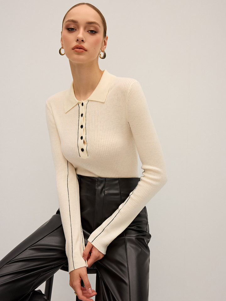 Women's knitted top polo – ribbed, wool blend, elegant & stretchy