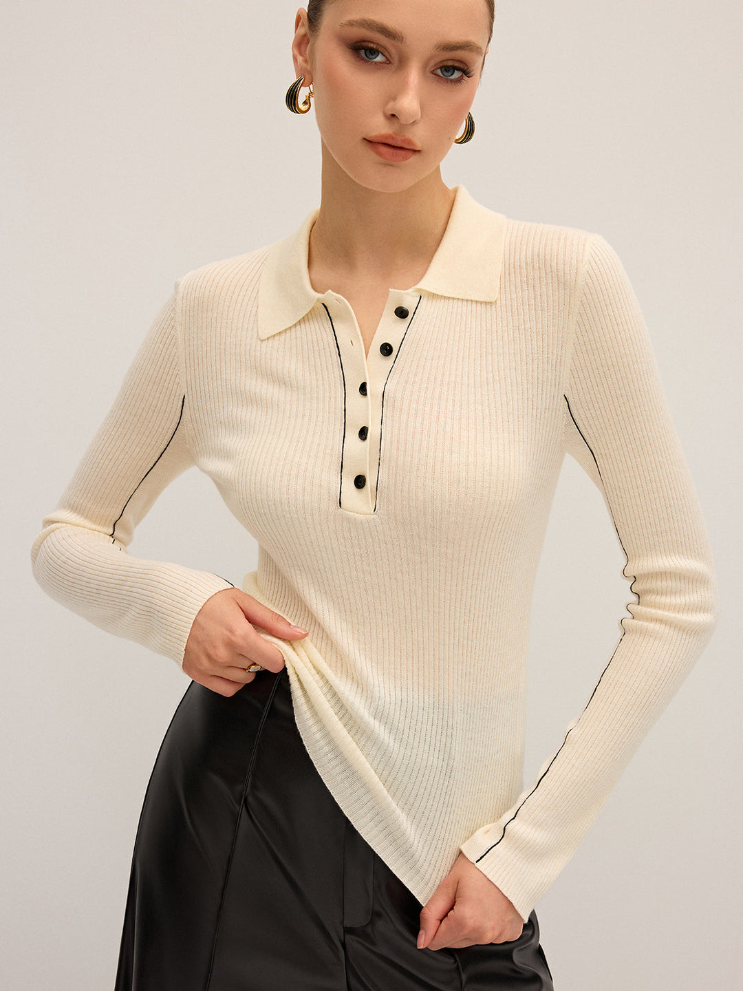 Women's knitted top polo – ribbed, wool blend, elegant & stretchy