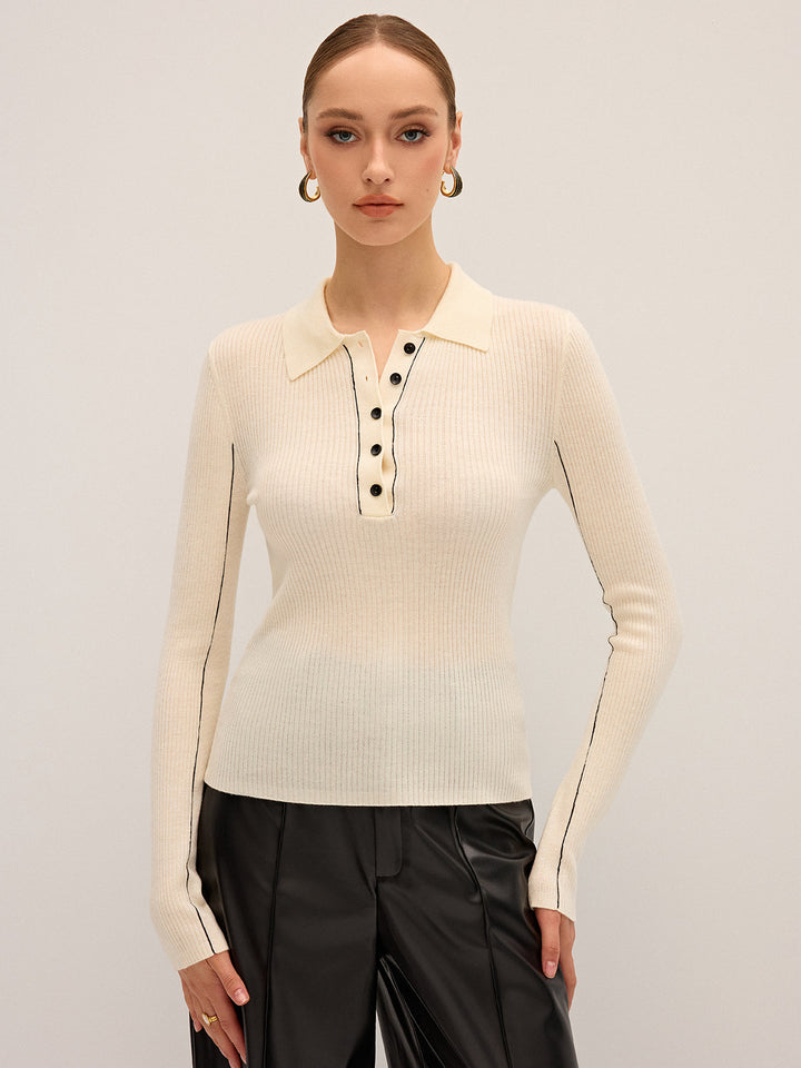 Women's knitted top polo – ribbed, wool blend, elegant & stretchy