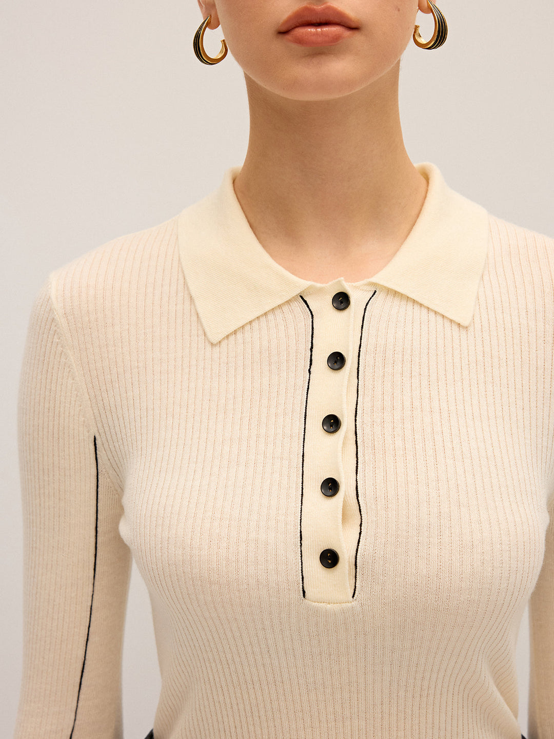 Women's knitted top polo – ribbed, wool blend, elegant & stretchy