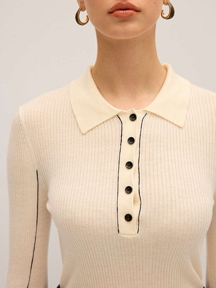 Women's knitted top polo – ribbed, wool blend, elegant & stretchy