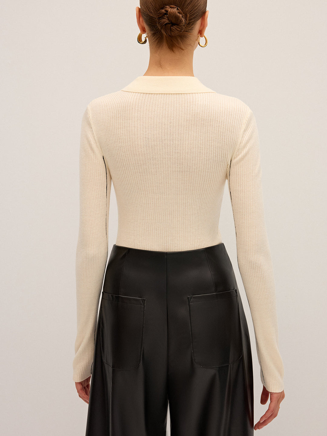 Women's knitted top polo – ribbed, wool blend, elegant & stretchy