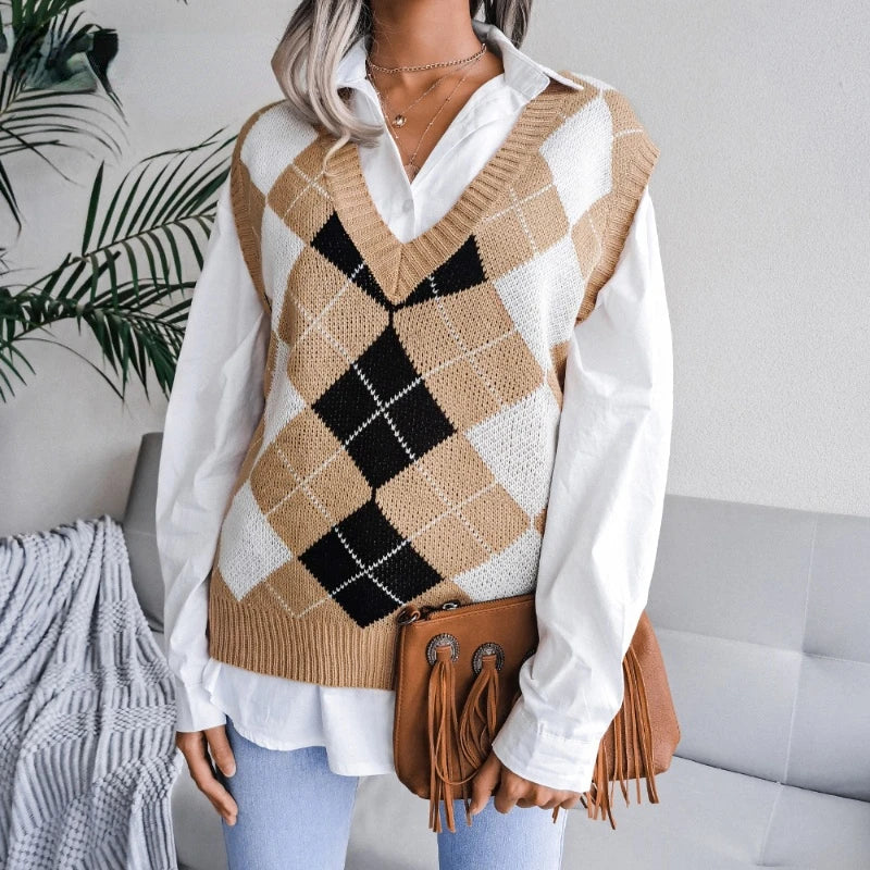 Gilet en tricot sans manches à carreaux pour femmes