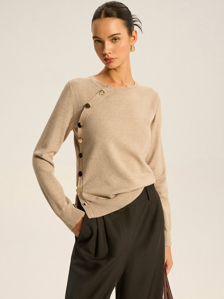 Women's Knit Top Asymmetric with Button Design