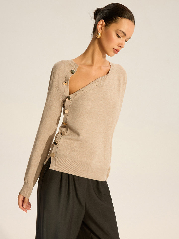 Women's Knit Top Asymmetric with Button Design