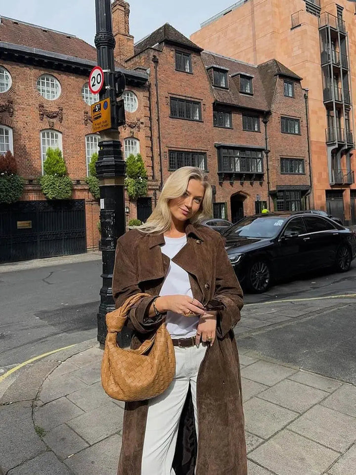 Women's suede trench coat classic elegant cut with belt