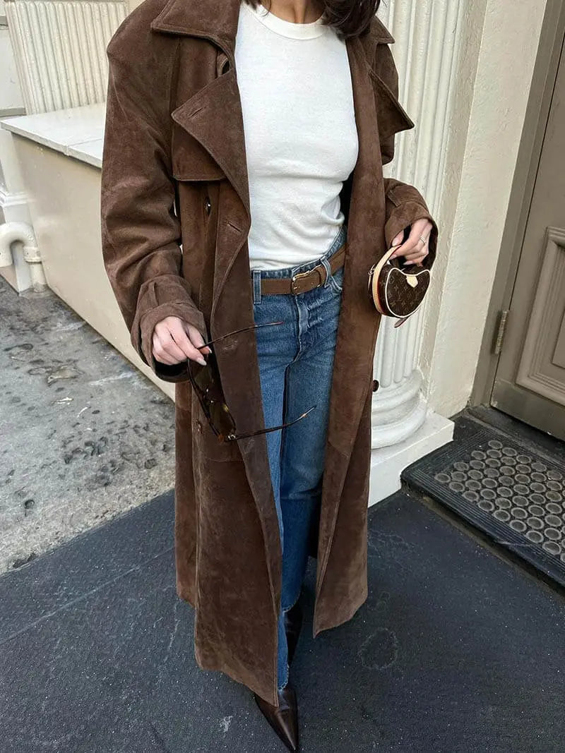 Women's suede trench coat classic elegant cut with belt