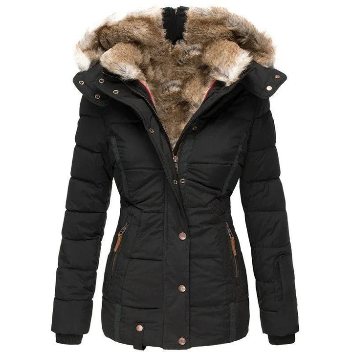 Women's winter jacket with vegan fur hood and tailored fit