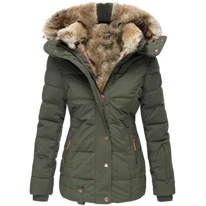 Women's winter jacket with vegan fur hood and tailored fit
