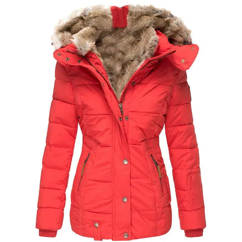 Women's winter jacket with vegan fur hood and tailored fit