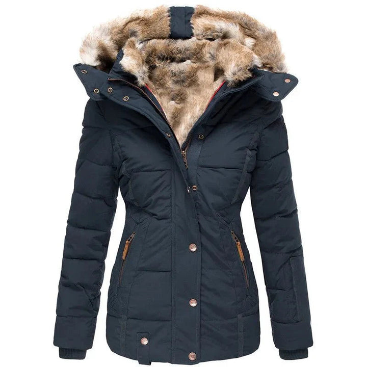 Women's winter jacket with vegan fur hood and tailored fit