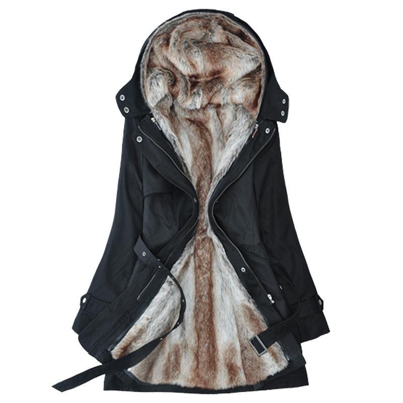 Chaqueta de invierno para mujer con piel sintética y cinturón de cintura