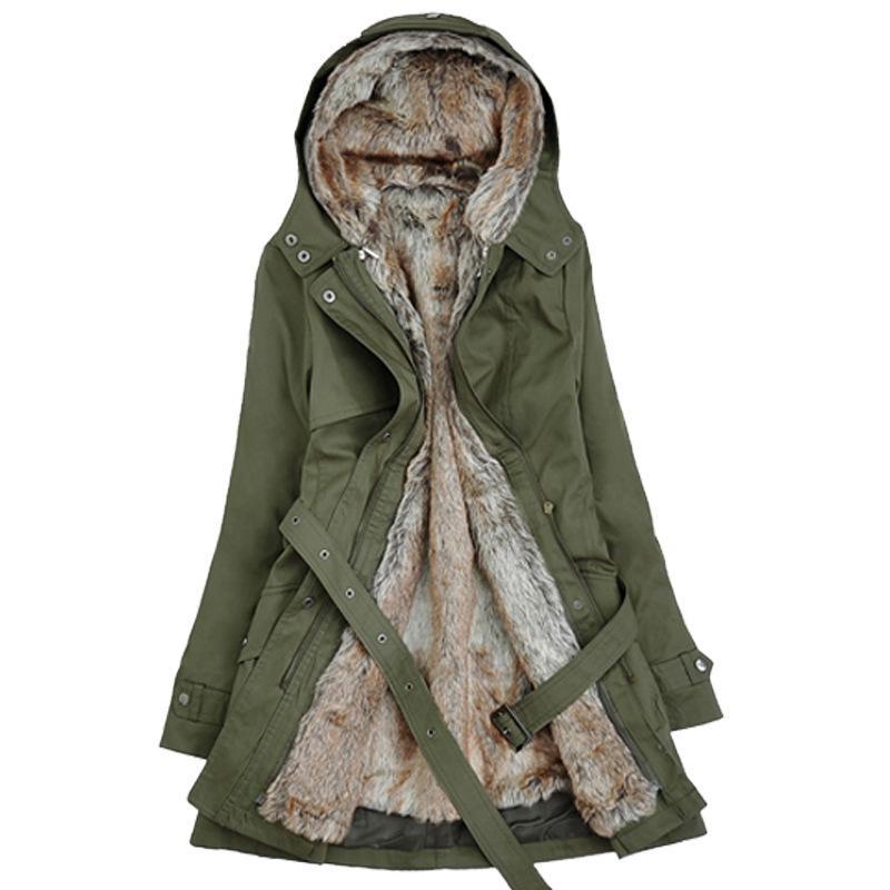 Chaqueta de invierno para mujer con piel sintética y cinturón de cintura