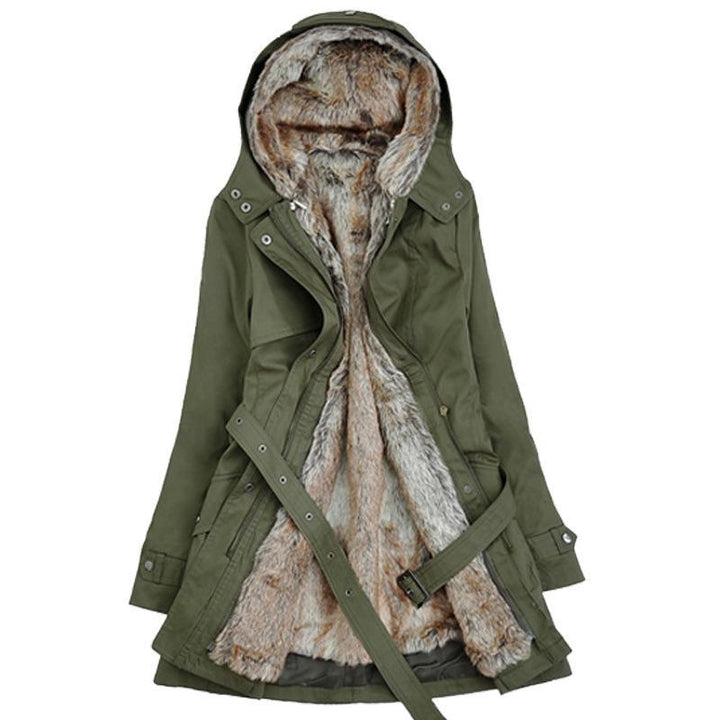 Chaqueta de invierno para mujer con piel sintética y cinturón de cintura