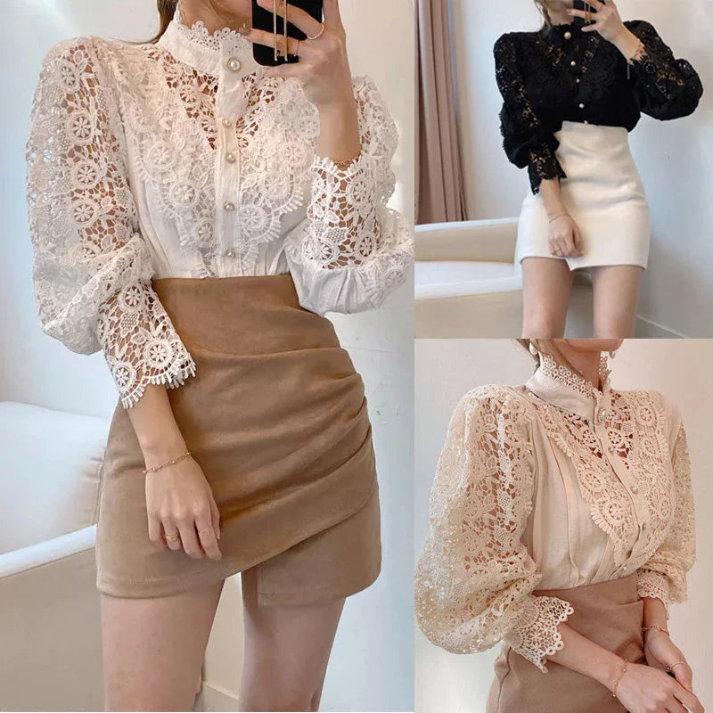Blusa de mujer con estampado de flores y escote alto