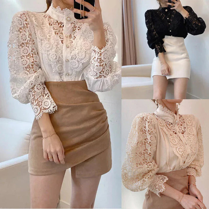 Blusa de mujer con estampado de flores y escote alto